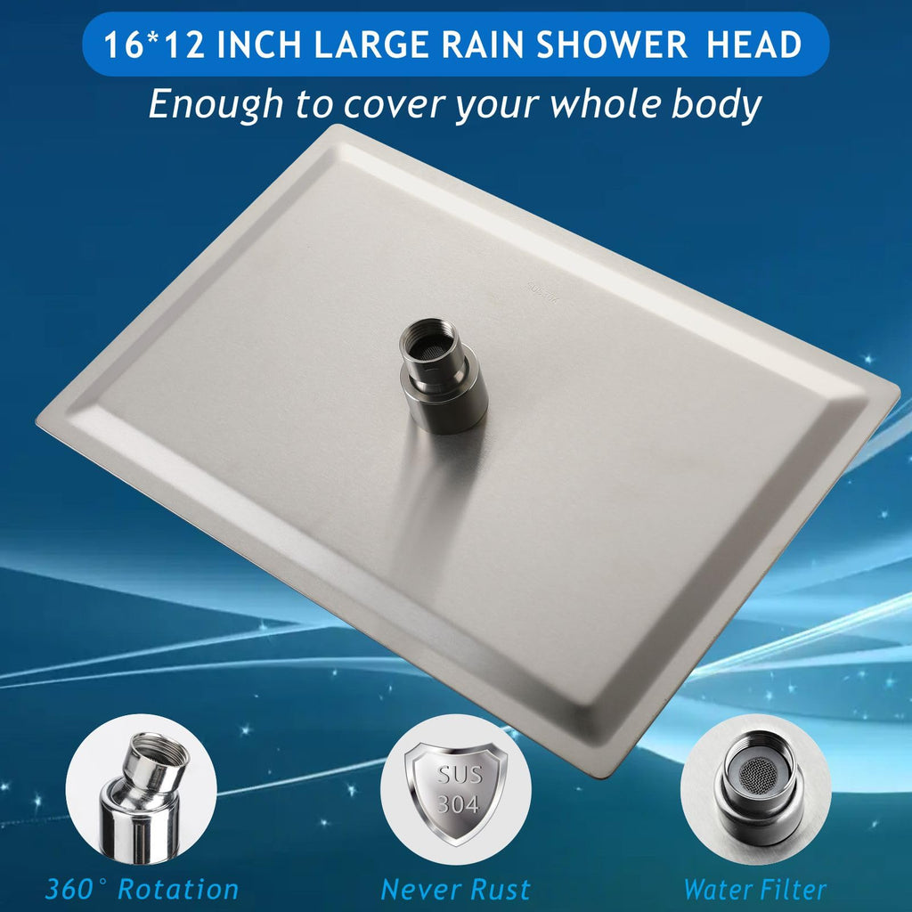 Extra Large Rain Shower Head - High Flow Square Rainfall Showerhead - Waterfall Full Body Coverage - Universal