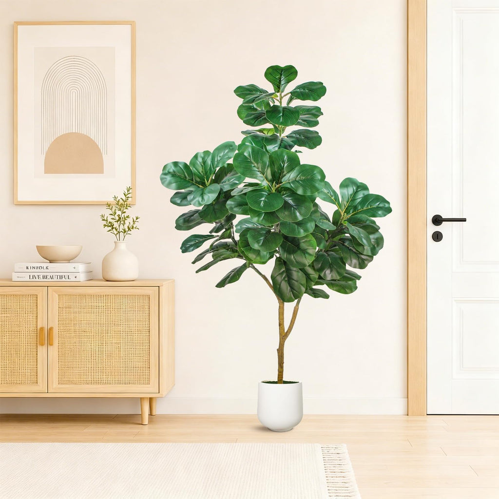 Artificial Fiddle Leaf Fig Tree, 5ft Realistic Fake Plants Faux Trees with White Planter, Artificial Plants Indoor