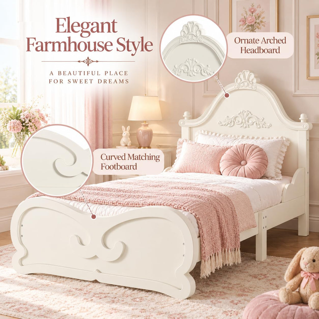 French Country Wood Bed Frame with Arched Headboard