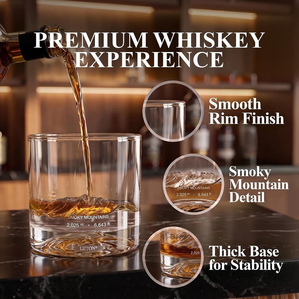 American Peaks Whiskey Decanter Set with 4 Heavy Glasses - Mens Gift - Set of 5