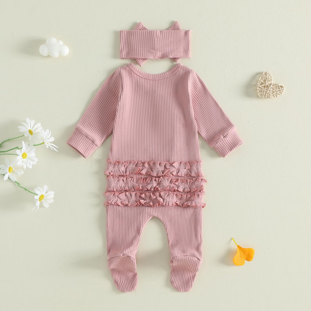 Newborn Girl coming home Outfit Baby Ribbed Knit Romper Side Tie Footed (Pink, Newborn)