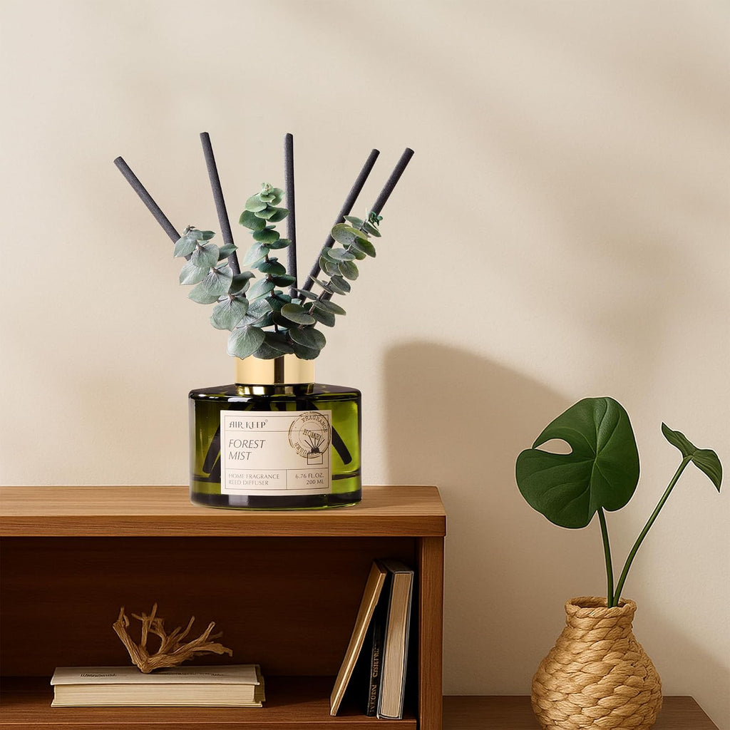 Reed Diffuser Set with 6.76 fl oz Forest Mist Scent Essential Oils and 3 Leaves & 8 Diffuser Sticks,Bathroom Shelf
