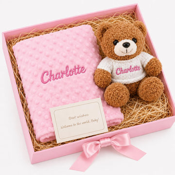 Blanket with Optional Plush Teddy Bear Gift Set, Custom Baby Blankets with Embroidered Name, Double Layer Dot Swaddle