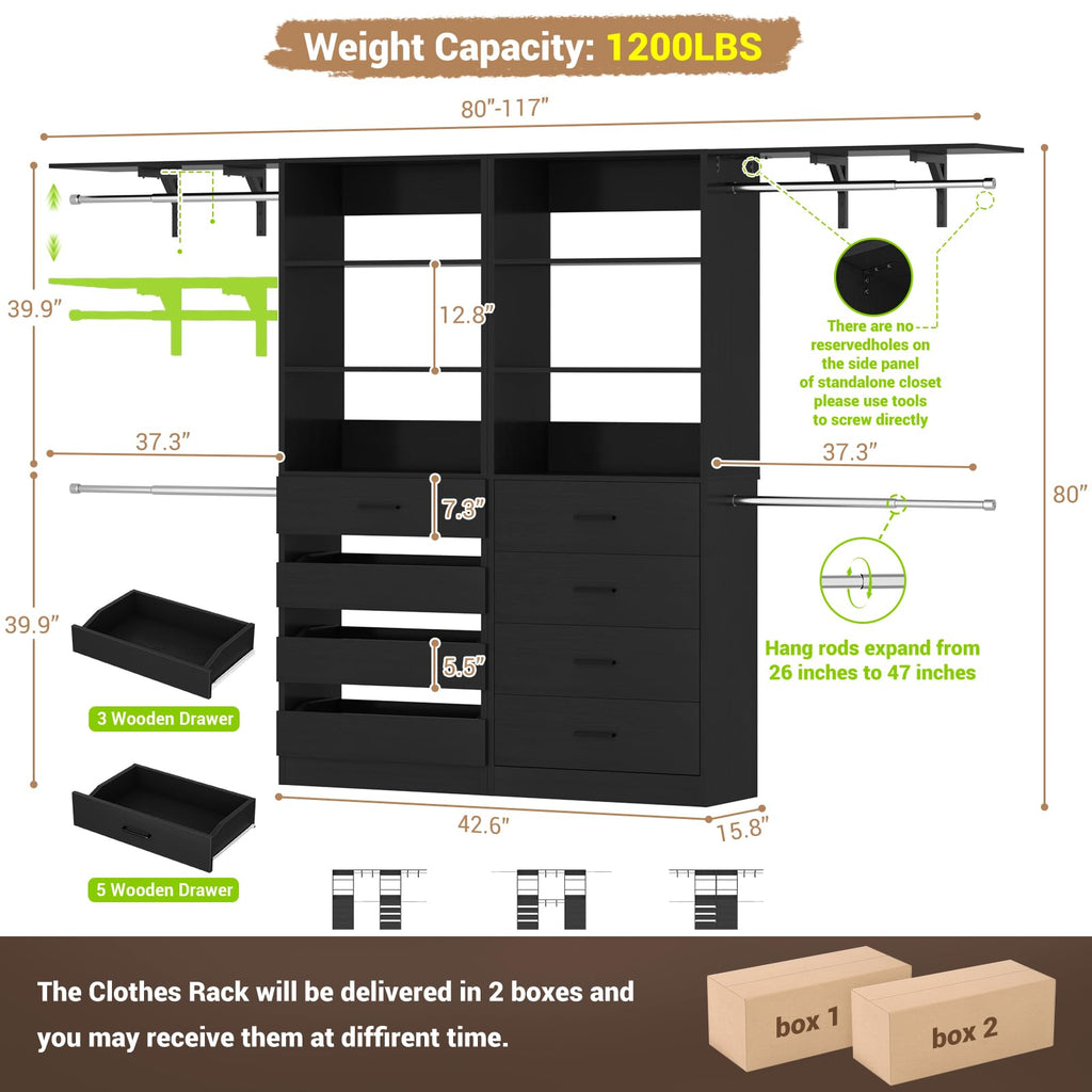 Closet System, Wood Closet Organizer System with 8 Drawers &4 Rods