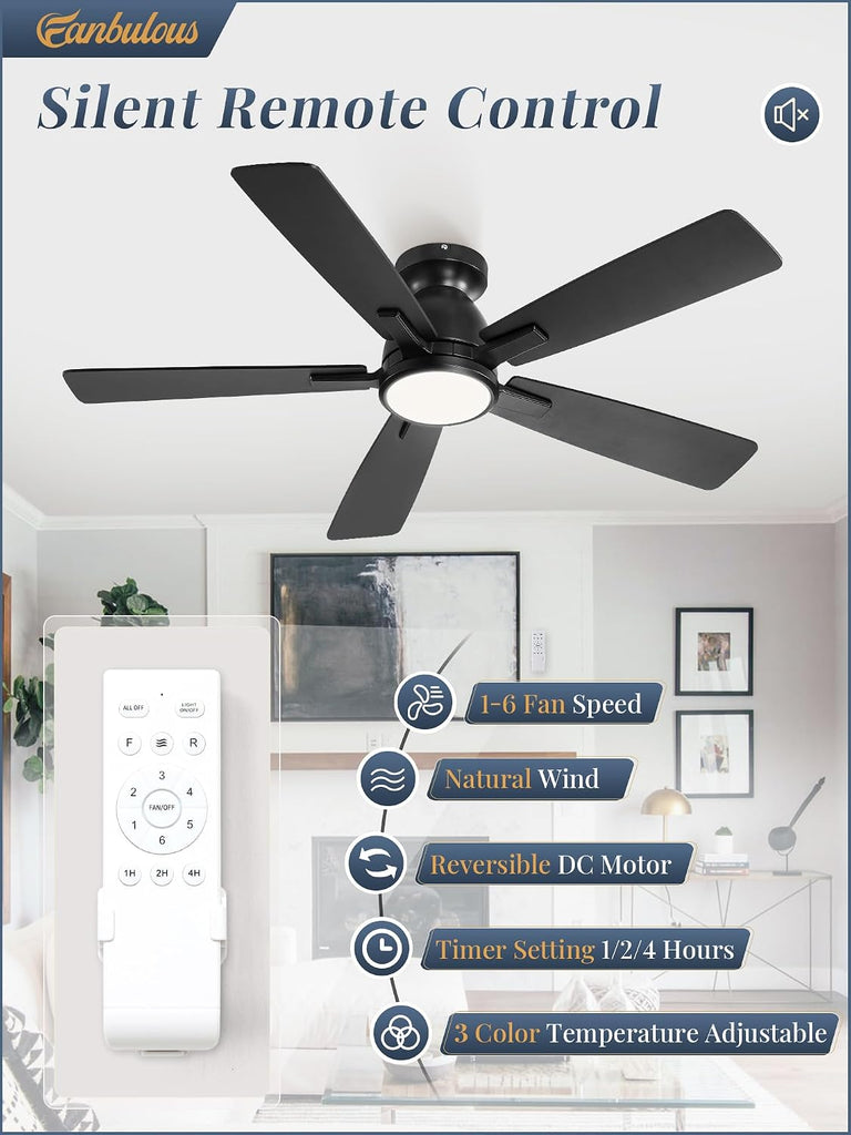46 Inch Flush Mount Ceiling Fan, 3CCT 20W LED Light