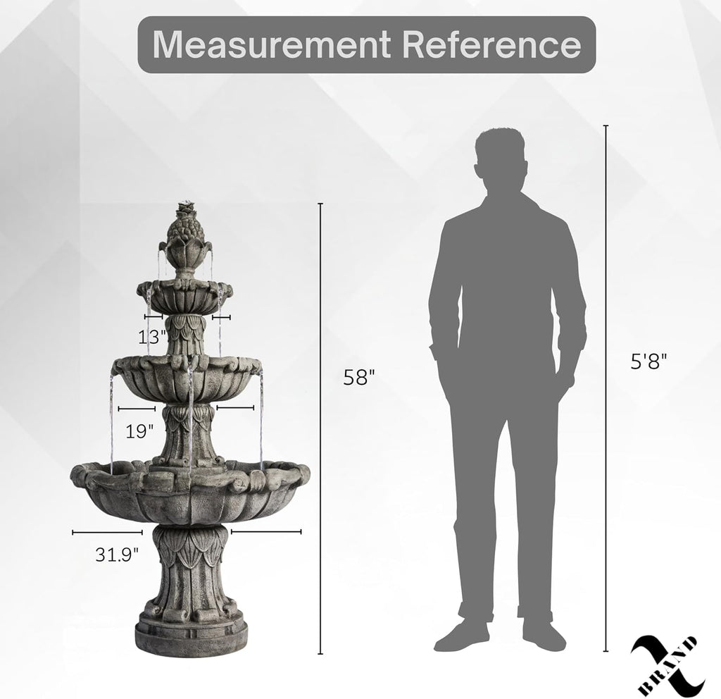 Outdoor Bird Bath Fountain 58.3" - 3-Tier Freestanding Water Fountain with Pump, Large Garden Patio Yard Décor