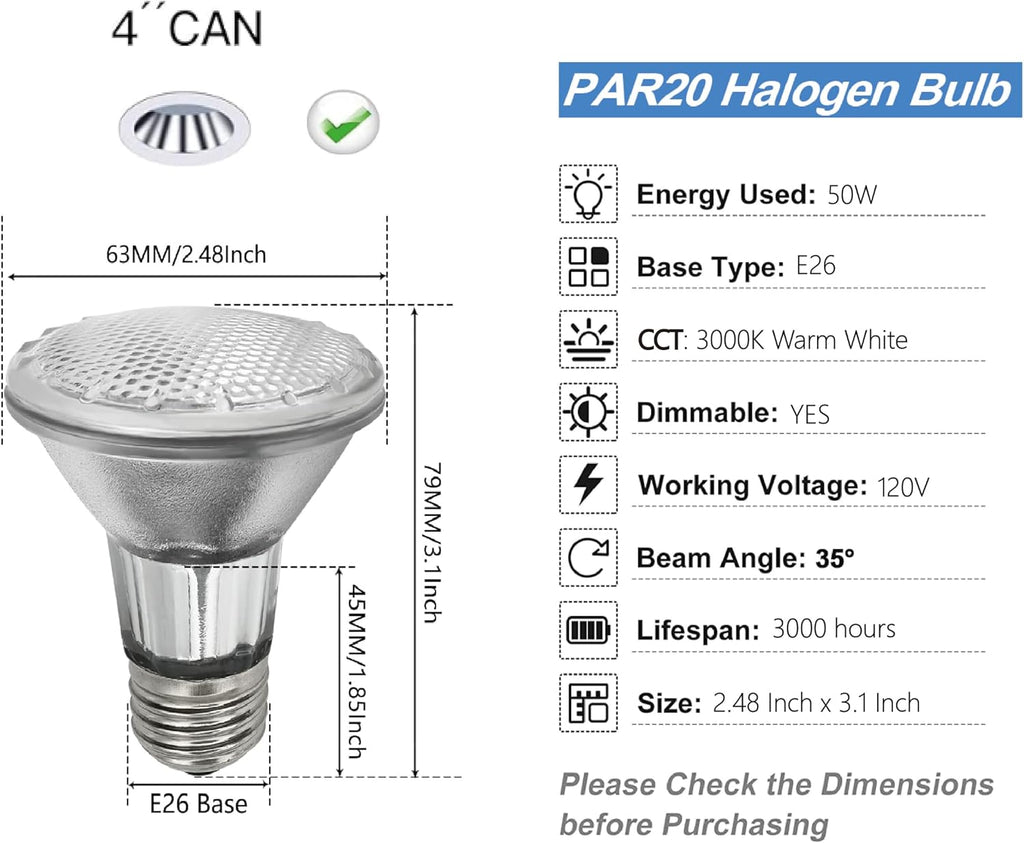 PAR20 Halogen Light Bulbs 3 Pack 120V 50w Dimmable, E26 Medium Base Flood Light Bulbs with 3000k Warm White,High