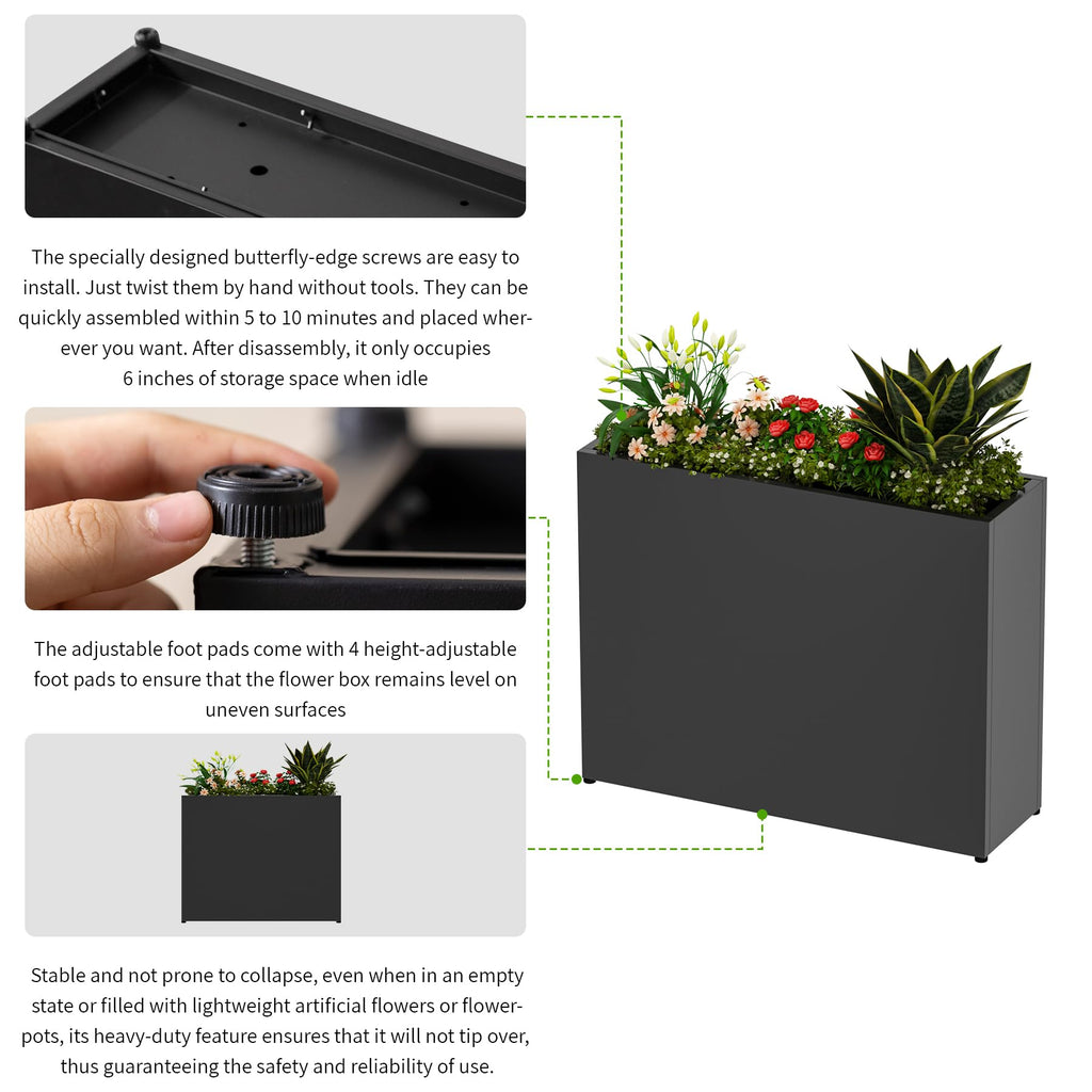 38" L x 10" W x 30" H Black Planter Box - Thickened Galvanized Steel with Weather-Resistant Coating, Heavy-Duty