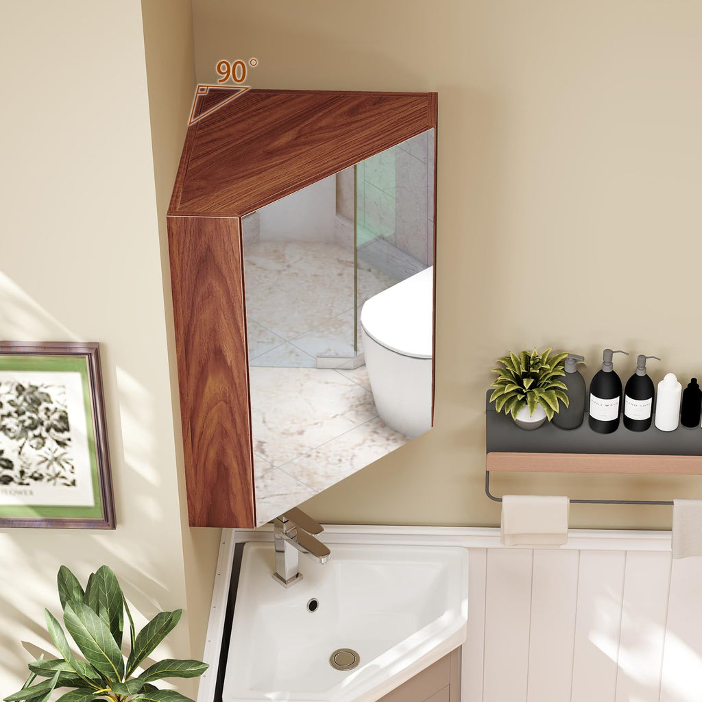 Corner Medicine Cabinet with Mirror, 23.5" Wall Mounted Storage Cabinet Organizer with Left/Right Open Mirror Door &
