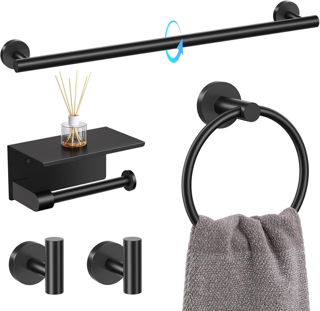 Bathroom Hardware Set Black, 5 Piece Bathroom Towel Bar Holder Sets | SUS304 Stainless Steel, 23.6" Toilet Paper