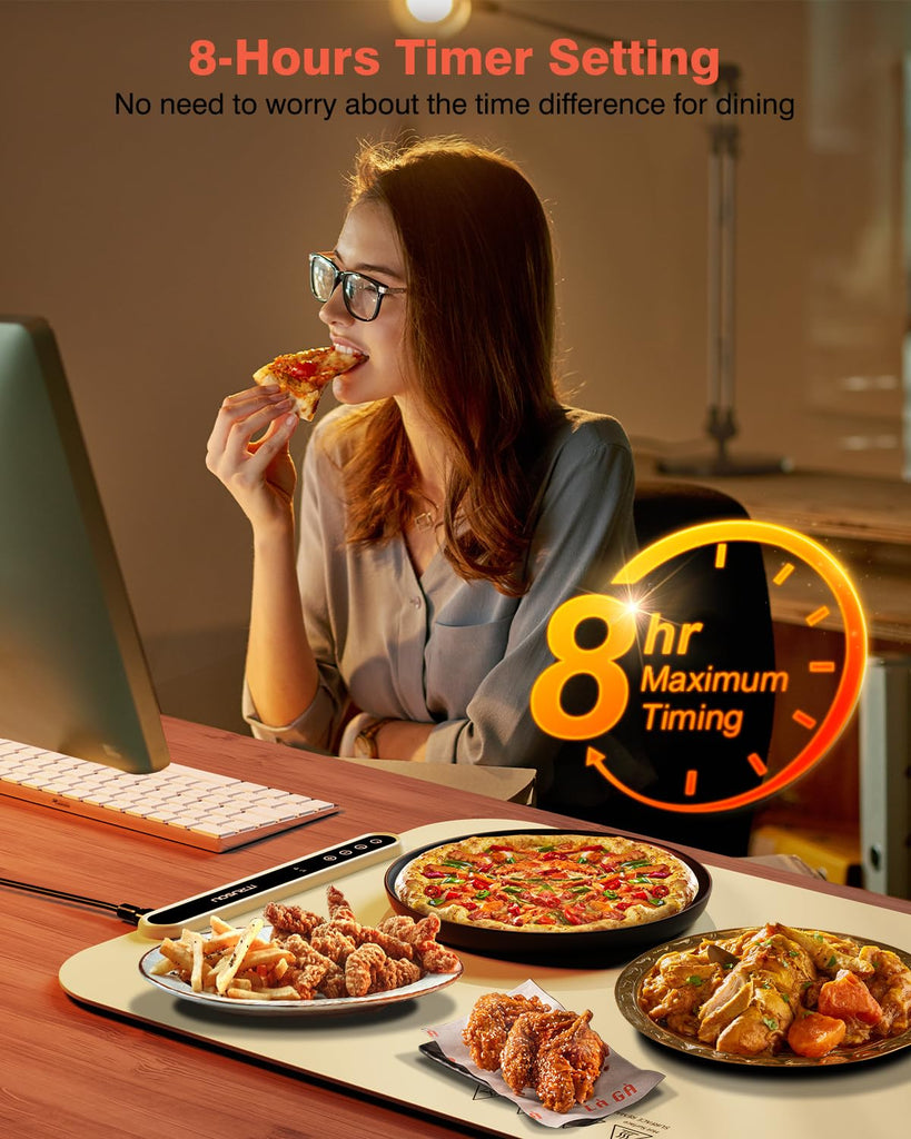 Food Warming Mat, 27.5x16'' Electric Warming Tray with 7 Temp-Settings, 1-99h Flexible Timer, Switchable °F/°C