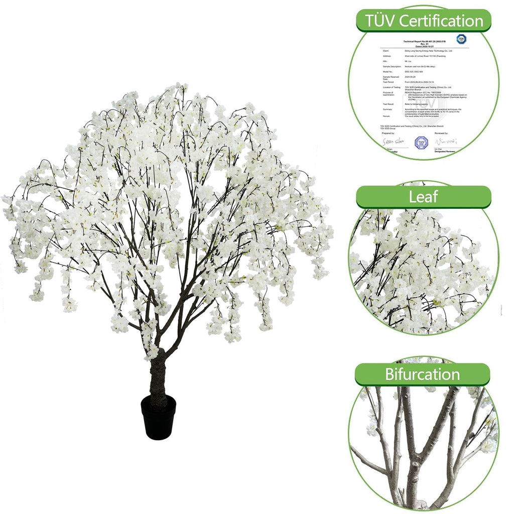Artificial White Cherry Blossom Tree, 7 Ft Tall Indoor Faux Plant with Cascading Branches, Potted Decorative Tree