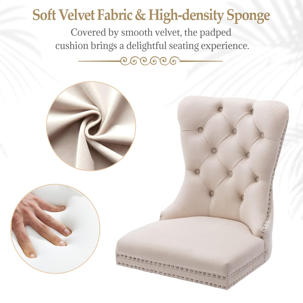 Beige Velvet Dining Chairs Set of 4, Elegant Tufted & Nailhead, Wood Legs
