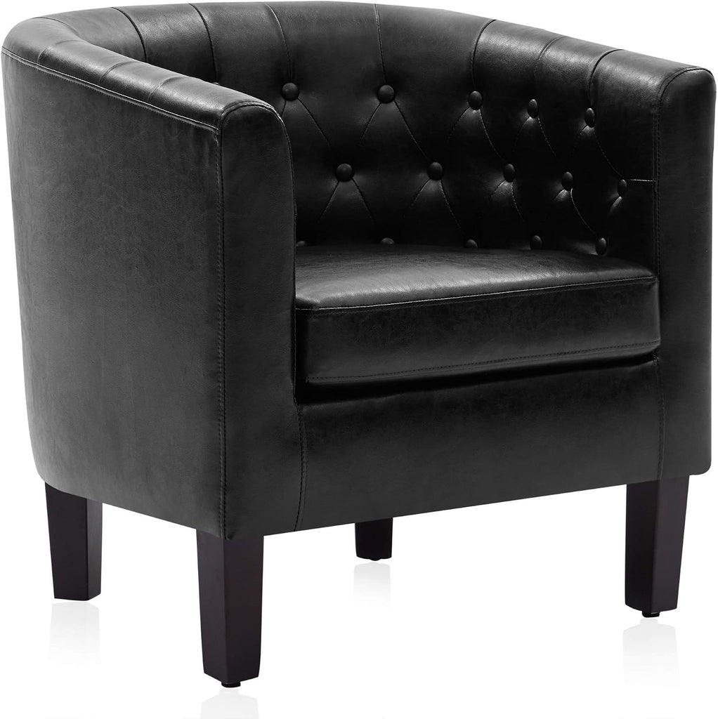 Black Accent Chairs, Elegant Arm Chair Upholstered Tufted Barrel Chair Club Chair with Sturdy Legs and Faux Leather