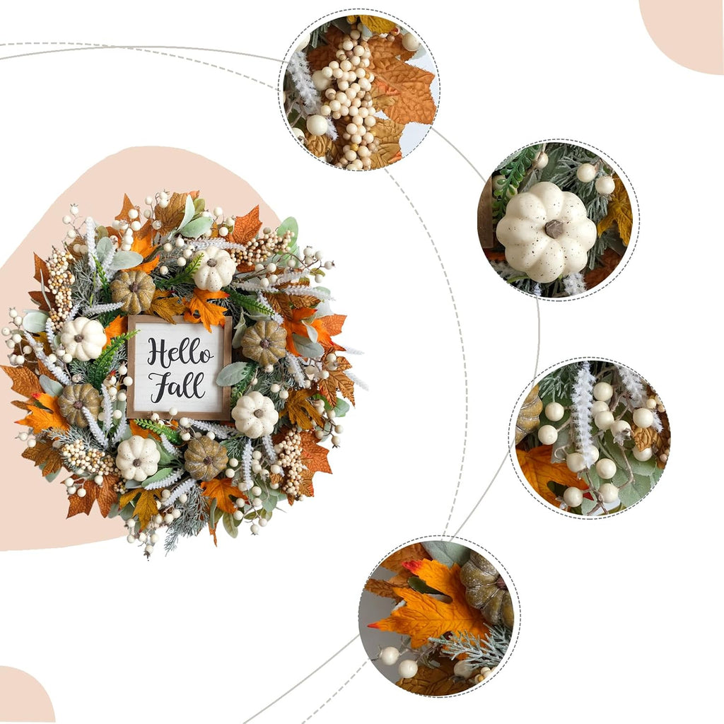 24 inch Thanksgiving Fall Wreath, Autumn Harvest Wreaths for Front Door