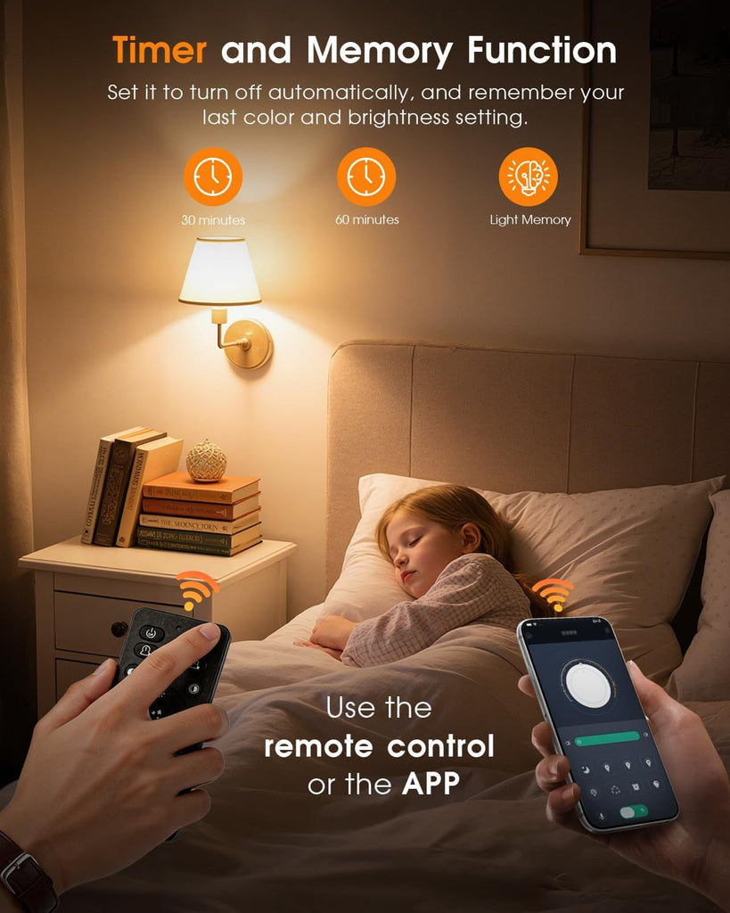 A19 Smart LED Light Bulb with App Control & Remote, Bluetooth, 3 Color Temperatures (3000K/4500K/6500K), 5%-100%