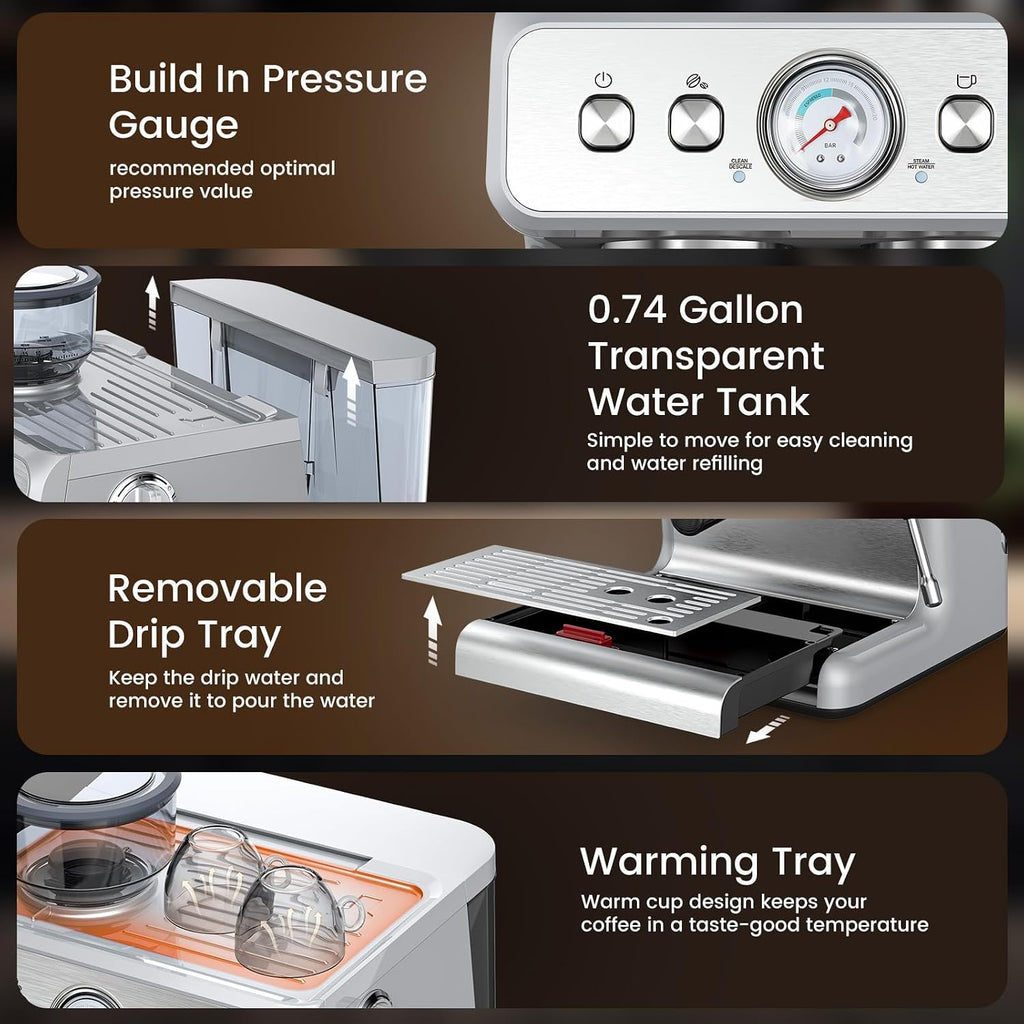 (2026 Upgrade) Espresso Machine with Grinder, Expresso Coffee Machines with Built-in Anti-Clog Coffee Grinder/Milk