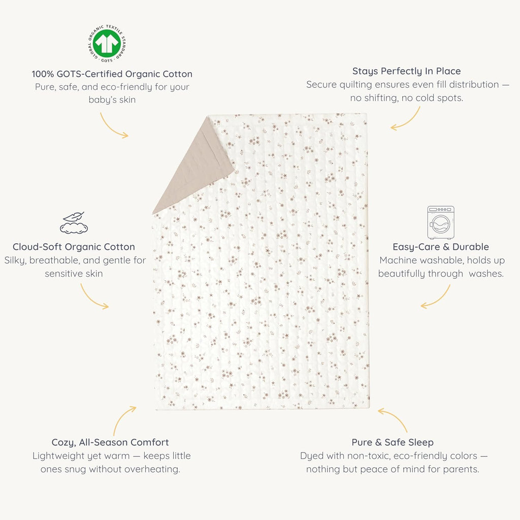Organic Baby Comforter GOTS Certified Organic Kids Blanket Cotton Infill Tufted - Reversible Ultra Soft Breathable