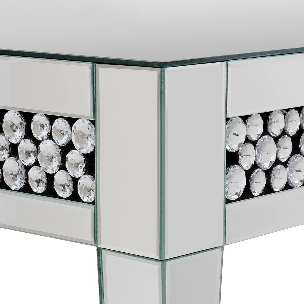 Rectangle Mirrored Coffee Table, Silver Living Room Table with Cryatal Diamond Inlay, Modern Luxury Mirrored