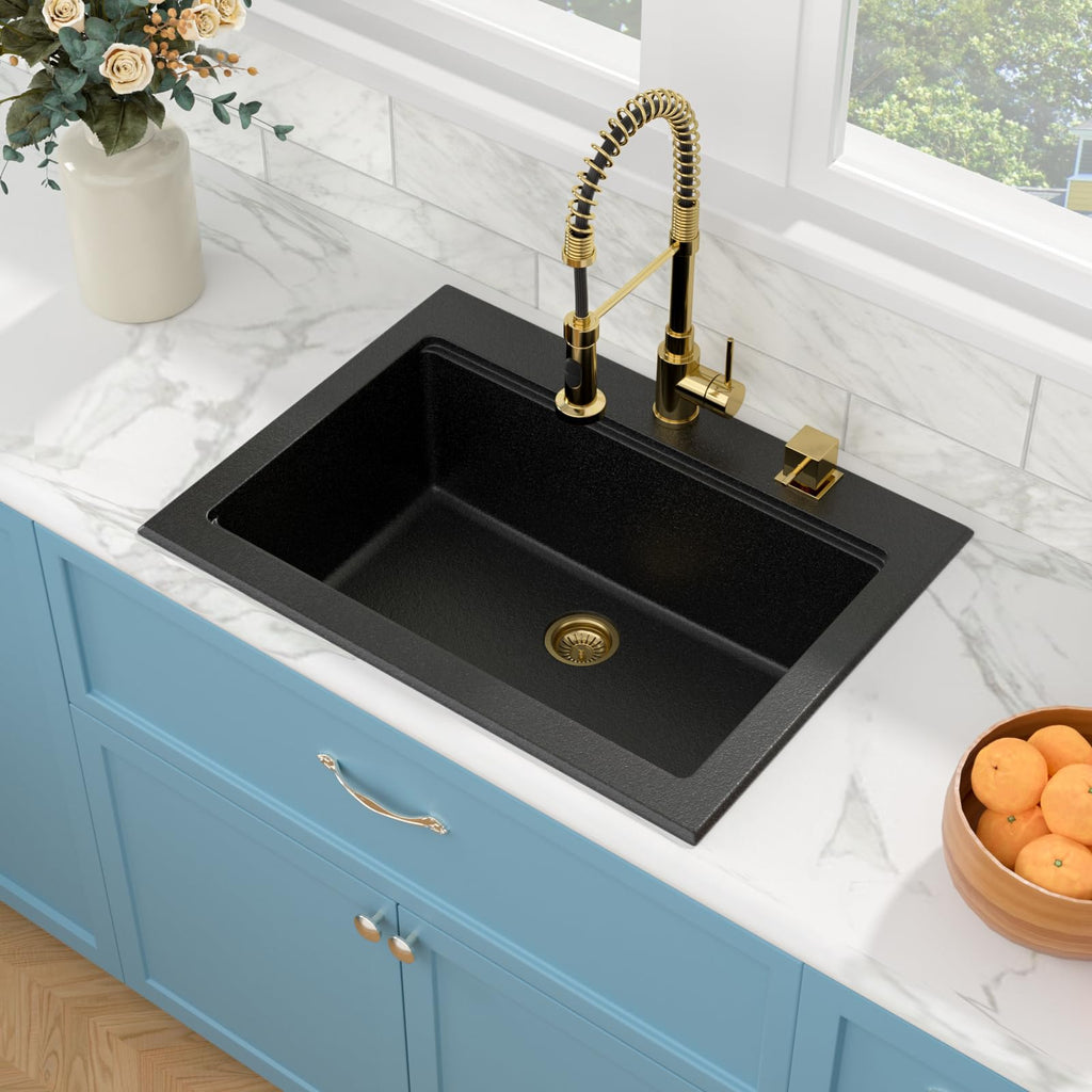 30 Granite Composite Black - 30"x22" Drop In Ledge Workstation Black Granite Quartz Composite Top-Mount Single Bowl