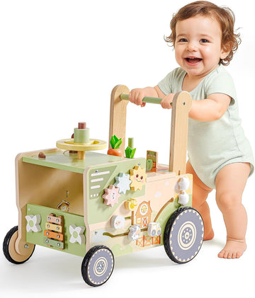 Wooden Baby Walker Push Toy for Toddlers, Baby Push Walker with Wheels, Farm-Themed Activity Center for Girls & Boys