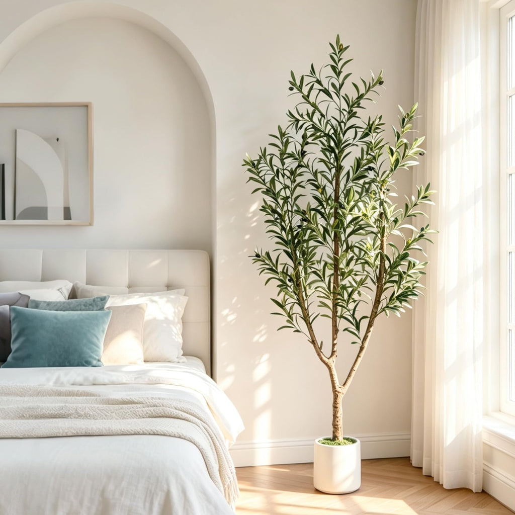 Olive Trees Artificial Indoor: 6FT Faux Olive Tree with White Tall Planter & Moss, Large Fake Plants with Natural