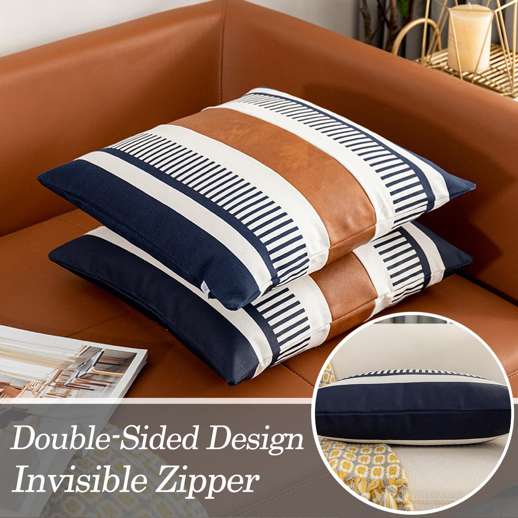 Set of 2 Navy Blue and White Boho Throw Pillow Cover, Faux Leather Modern Couch Pillow Covers 22x22 inch Farmhouse