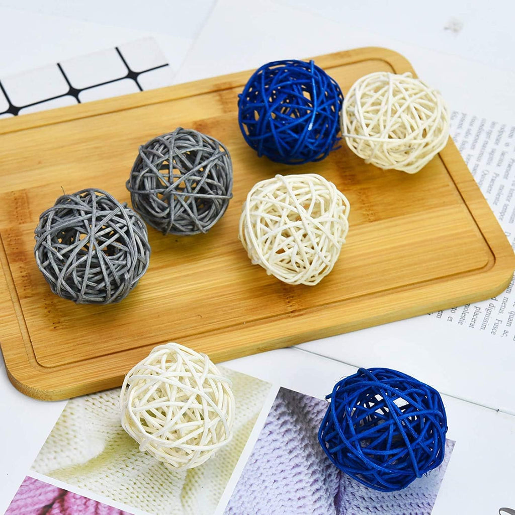 Mixed Blue Gray White Natural Decorative Wicker Rattan Balls- Vase Filler, House Ornament, Christmas Tree - Set of 15