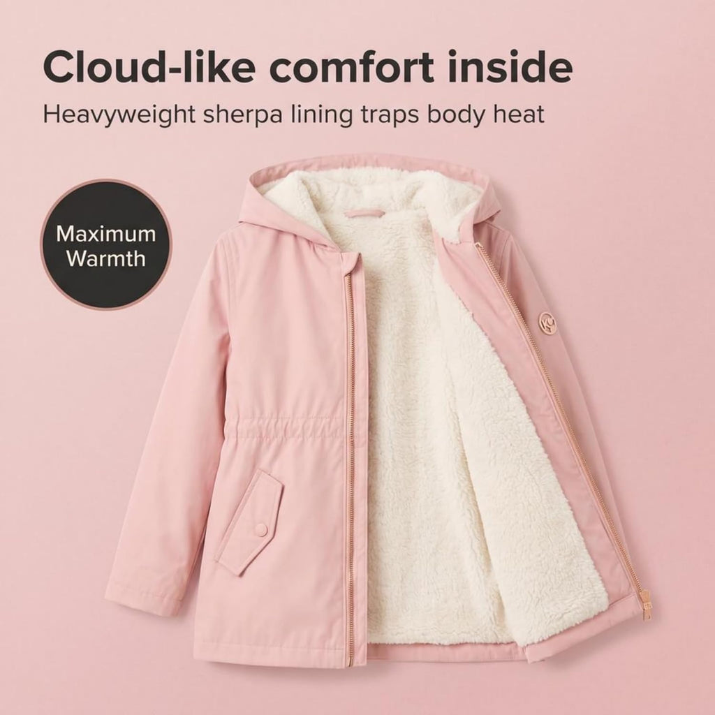 Girls Rain Jacket - Sherpa Lined Hood, Warm Waterproof Coat