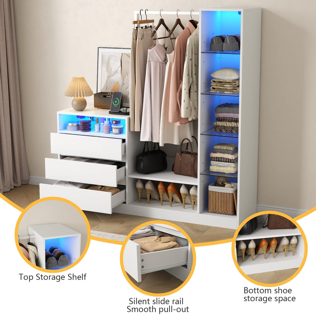 Dresser with Hanging Rack, 3 Drawers Dresser with Charging Station & LED