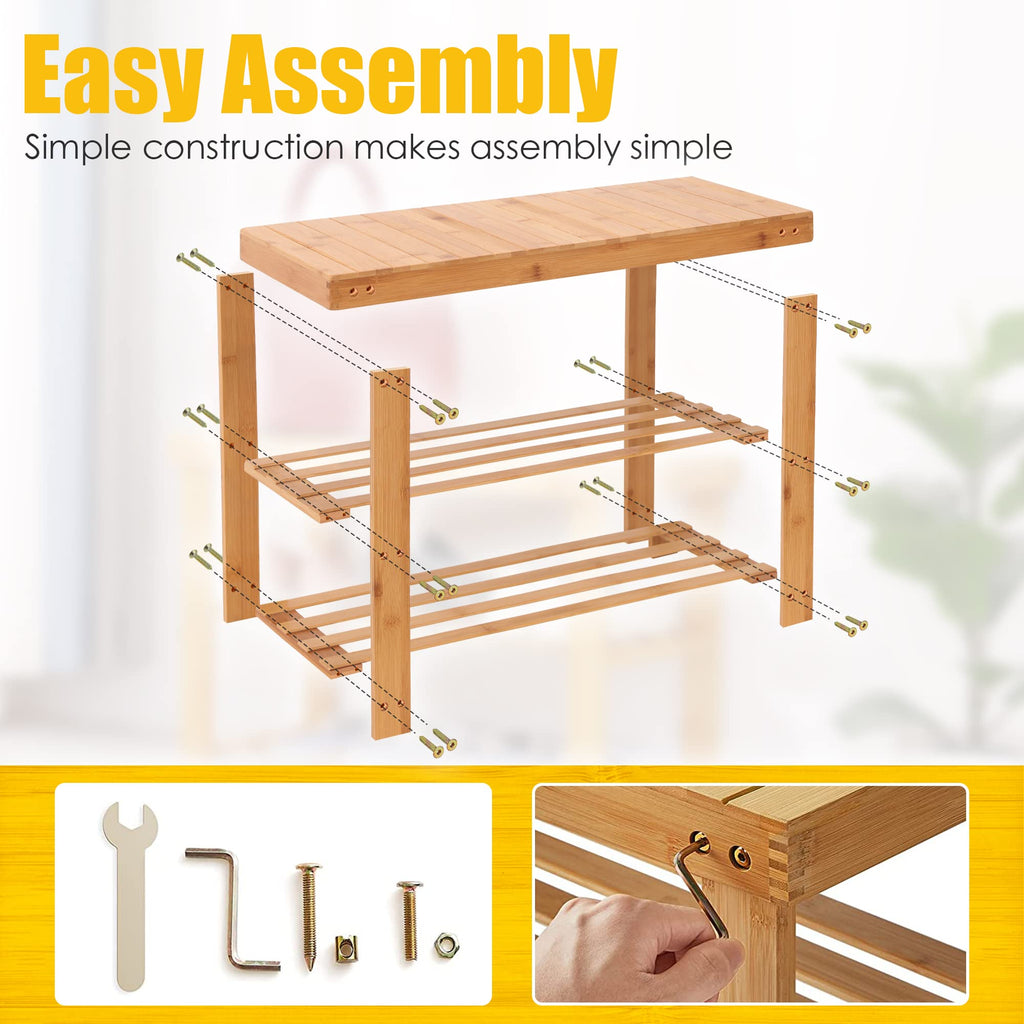 Shoe Rack Bench, 3-Tier Bamboo Shoe Organizer, Storage Shoe Shelf, Entryway Bench, Holds up to 300lbs