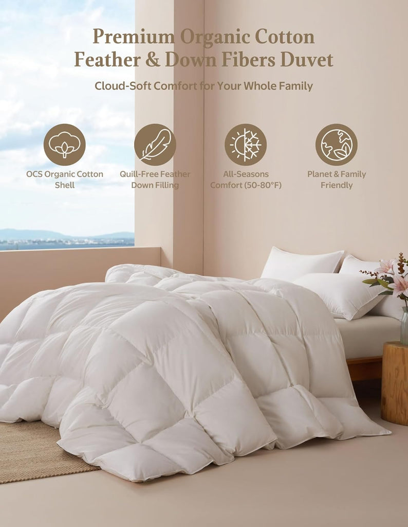 Goose Feather Down Fibers Comforter Twin, Organic Cotton Duvet Insert, All Season Warmth, Baffle Box