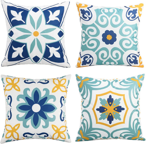 Outdoor Waterproof Throw Pillow Covers Set of 4 Floral Printed and Boho Farmhouse Summer Outdoor Pillow Covers
