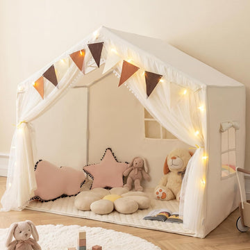 Kids Play Tent, Large Size Playhouse with Washable Cotton Mat Star Light Windows Plaid Pennants, 57.5" x 38" x 52.5"