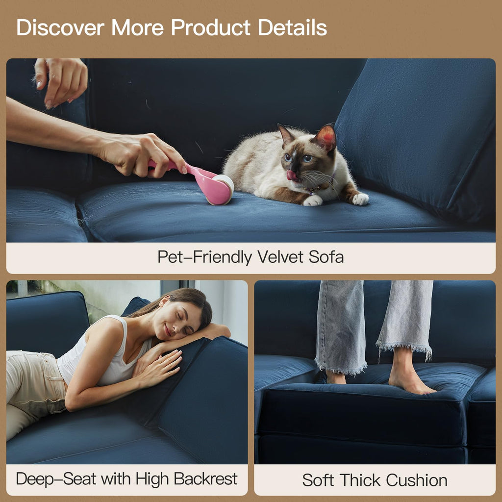 Modular Velvet Sectional Sofa with Chaise Lounge Sectional Sleeper Sofa with Storage Chaise Bed Couch Blue