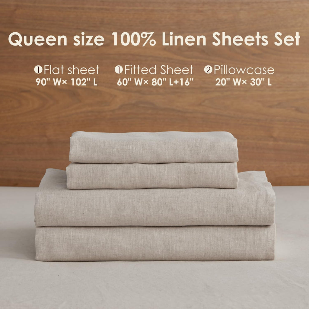 100% Linen Sheets, 170GSM French Flax Pure Linen Sheets Set