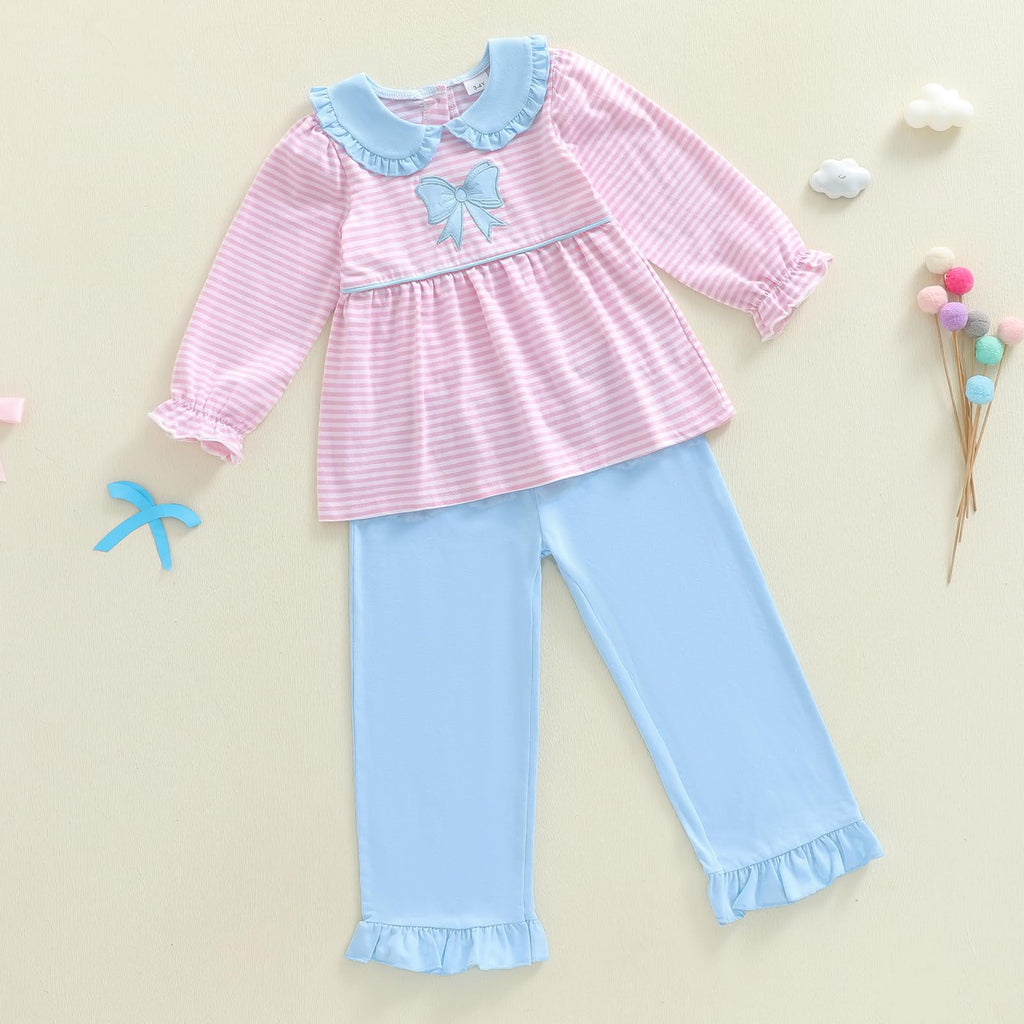 Girls Fall Outfits Strip Long Sleeve Top Solid Pants Casual Clothes Smocked Outfit Toddler Baby Outfits (Pink, )