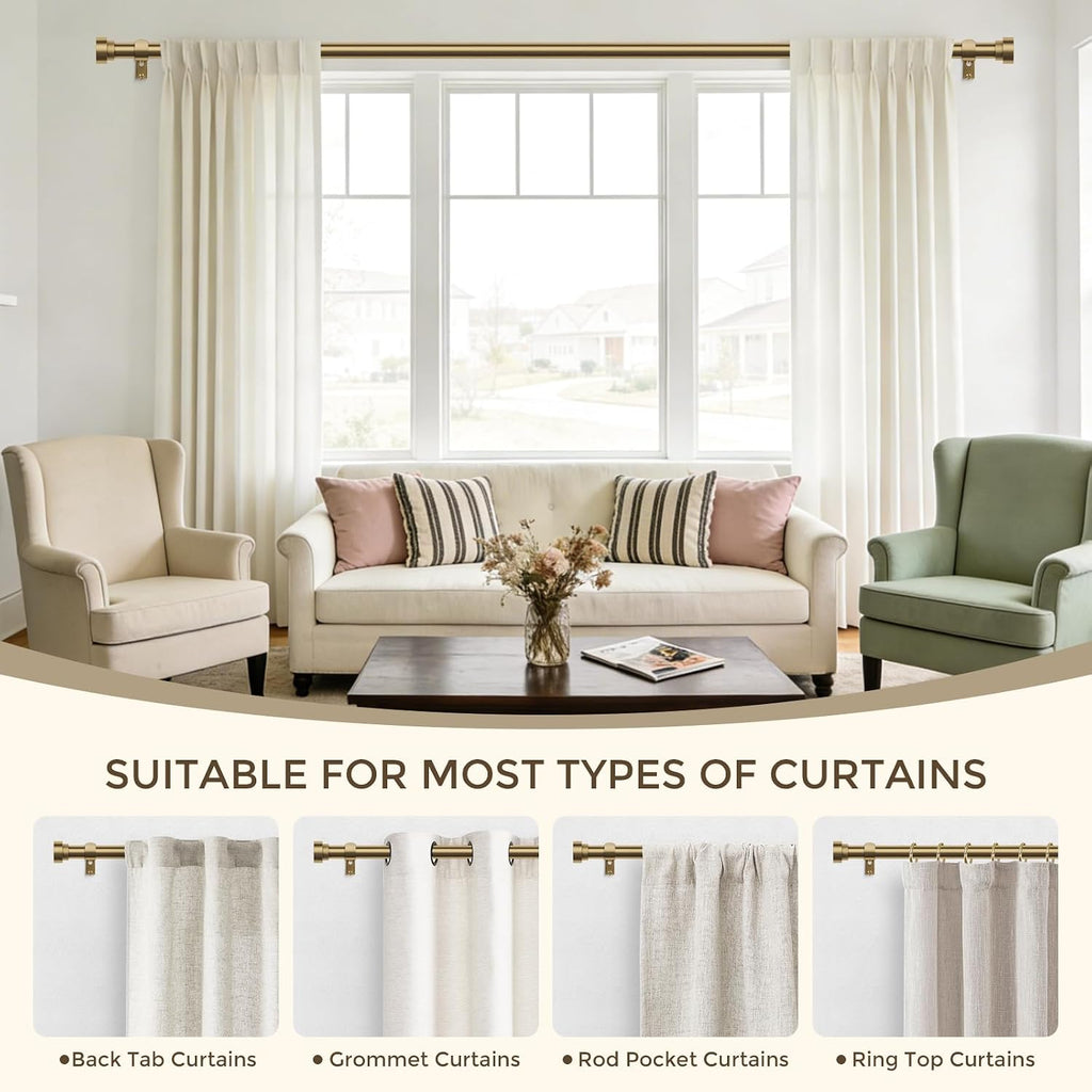Brass Gold Curtain Rod 36 to 144 Inch, Brushed Warm Gold 1" Adjustable Long Heavy Duty Curtain Rods for Windows