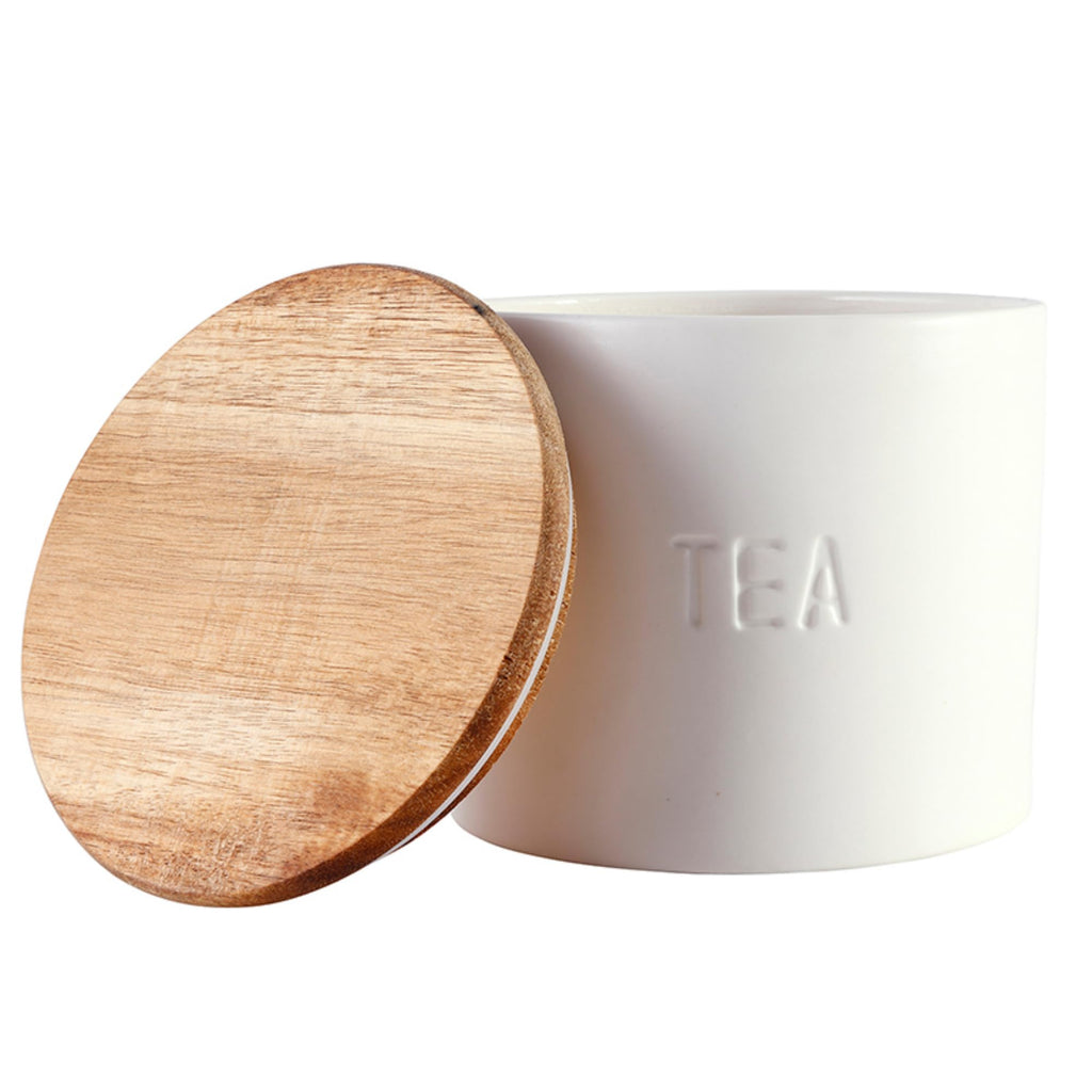 Canisters - Ceramic Canister with Airtight Acacia Wood Lid, 4.75" x 5", Tea