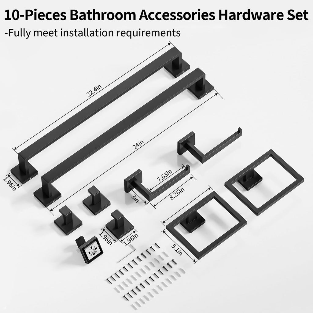 Bathroom Accessories Set Wall Mounted, 10-Piece 24In Matte Black