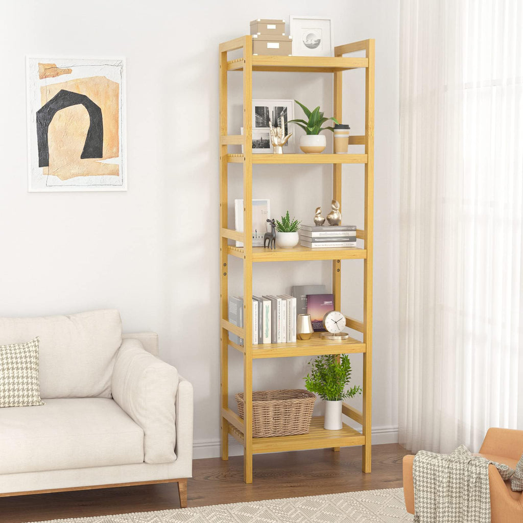 5-Tier Bamboo Shelf, 56"H Adjustable Narrow Bookshelf and Bookcase