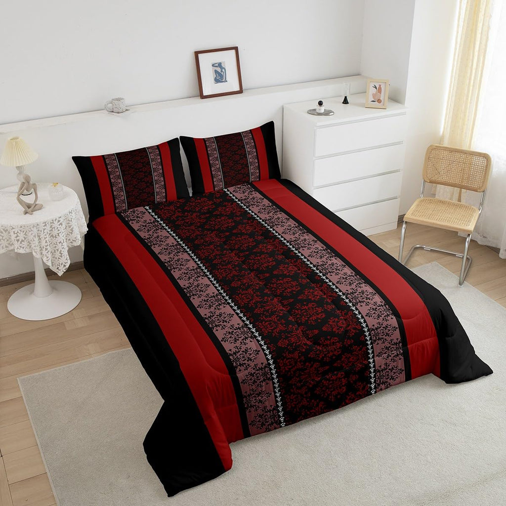Adult Classic Jacquard Bedding Set Toddle Size Damask Pattern Comforter Set for Boys Girls Black Red Stripe Duvet Set