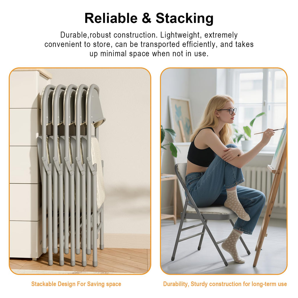6 Pack Padded Folding Chairs with Fabric Cushion and Back, Oatmeal Stripe