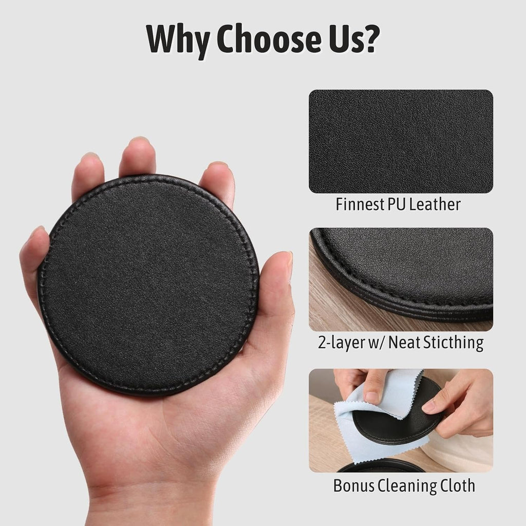 Drink Coasters with Holder, 4" Leather Coasters for Drinks for Tabletop Protection, Elegant Home Decor & - Set of 6