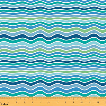 Ocean Waves Fabric By The Yard, Nautical Theme Upholstery Fabric, Geometric Abstract Sea Stripe Decorative Fabric