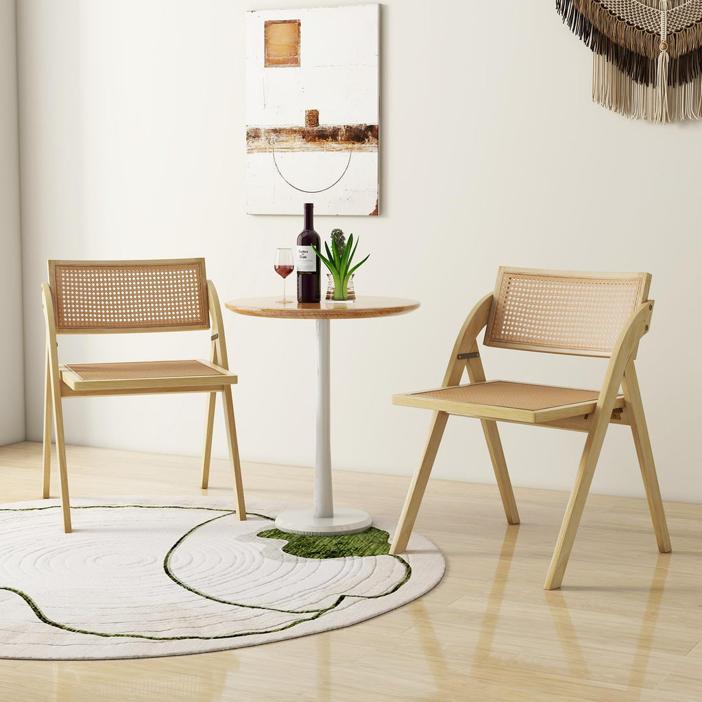 Folding Dining Chairs Set of 4, Wooden Folding Chair with Rattan Backrest & Seat, Sturdy Rubber Wood Frame, Armless