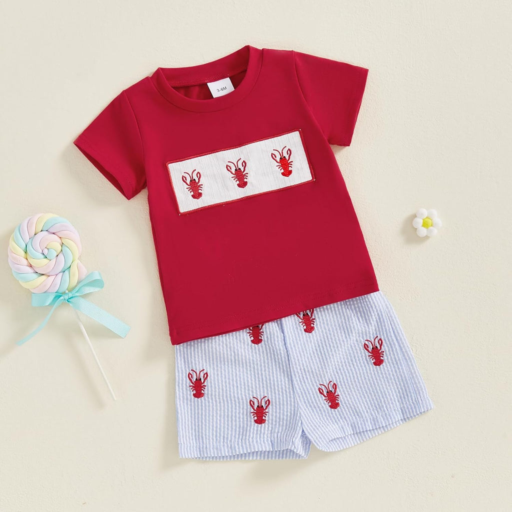 Toddler Baby Boy Summer Clothes Cute Crawfish Outfit Lobster Short Sleeve T-shirt Tops & Stripes/Gingham Shorts Set