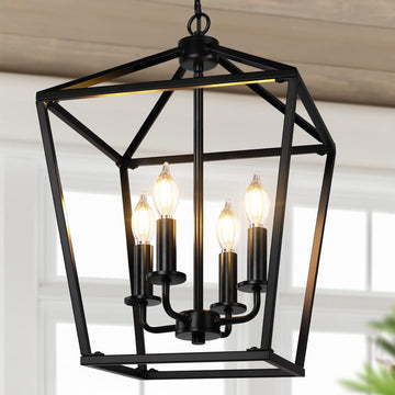 Farmhouse Chandelier 4-Light, Black Pendant Light Fixture for Kitchen Island Dining Room