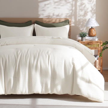 Soft Waffle Comforter Set - Comfy Breathable Waffle Weave Comforter with 2 Pillow Shams, 3 Pieces Less