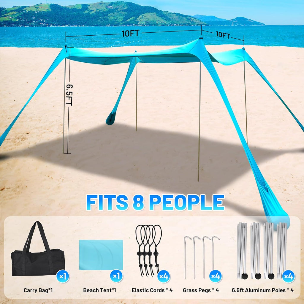 Family Beach Tent Canopy Sun Shade, Pop Up Grande Beach Tent Sun Shelter Stability 4 Poles with Portable Carry Bag